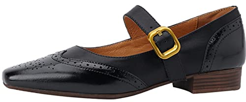 Women's Mary Jane Leather Flats Ballet Dress Shoes Square Toe Slip On Vintage Casual Style