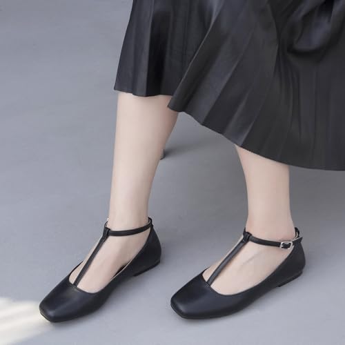 Mary Jane Flats Women Adjustable T Strap Square Toe Ballet Flats Ankle Strap Dress Comfortable Flats for Work,Date Nights
