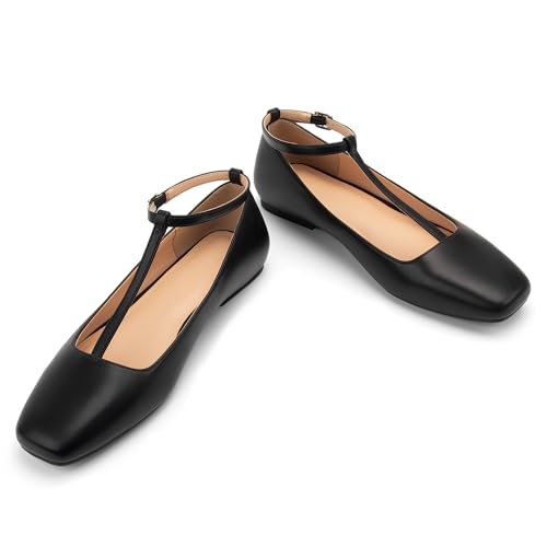 Mary Jane Flats Women Adjustable T Strap Square Toe Ballet Flats Ankle Strap Dress Comfortable Flats for Work,Date Nights