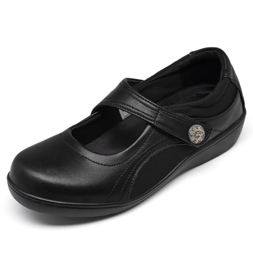 Women's Flat Mary Jane Shoes Black Leather Oxford Shoes for Women - Comfortable Slip-On Leather Loafers