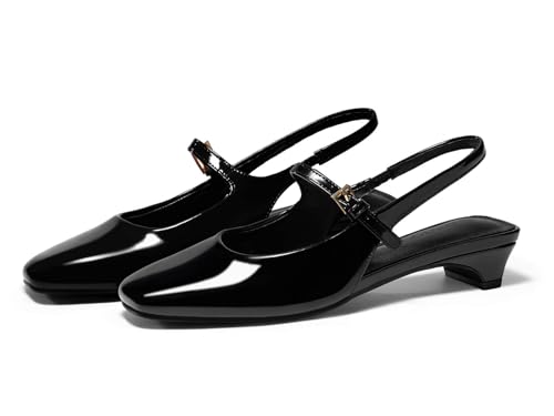 Womens Mary Jane Chunky Low Heels Slingback Ballet Flats Closed Square Toe Wedding Dress Shoes