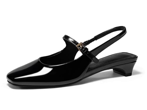 Womens Mary Jane Chunky Low Heels Slingback Ballet Flats Closed Square Toe Wedding Dress Shoes