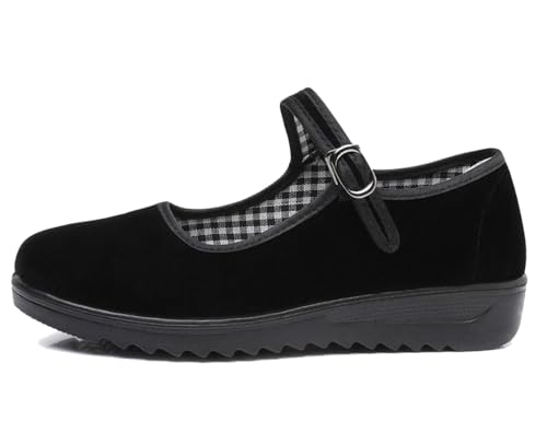 Black Velvet Mary Jane Shoes for Women China Dance Flat Old Beijing Cloth Walking Shoes