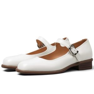 Mary Jane Flats with Adjustable Ankle Strap Womens Slip on Mary Janes Dressy Comfortable Square Toe Ballet Flats Shoes for Women