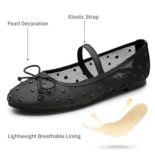 Ballet Flats for Women Closed Round Toe Mary Jane Shoes Women Cute Bowknot Non-Slip Dressy Shoes Elastic Strap Comfortable