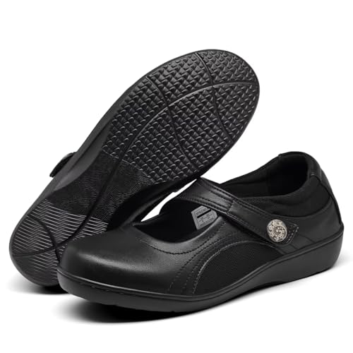 Women's Flat Mary Jane Shoes Black Leather Oxford Shoes for Women - Comfortable Slip-On Leather Loafers