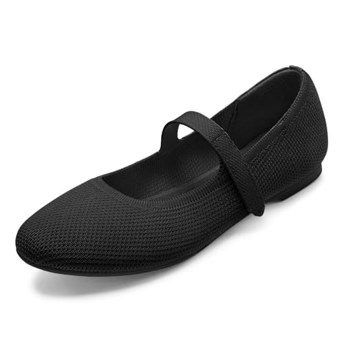 414DAhzkU6L.jpg Mary Jane Shoes Women Round Toe Knit Ballet Flats Shoes for Women Comfortable Dressy Washable Adjustable Strap for Work Office