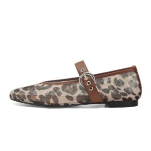Leopard Mesh Ballet Flats for Women Round Toe Mary Jane Buckle Flats Fall Comfortable Casual Dress Shoes