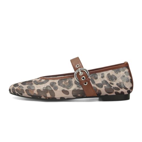 Leopard Mesh Ballet Flats for Women Round Toe Mary Jane Buckle Flats Fall Comfortable Casual Dress Shoes