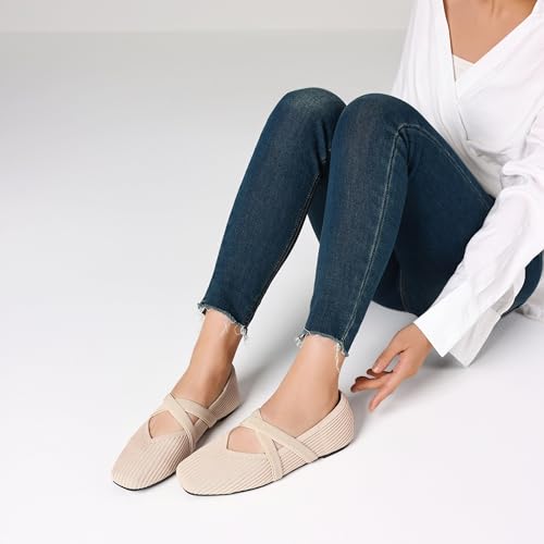 41BurvqeosL.jpg Flats for Women Square Toe Ballet Flats Cross Strap Comfortable Arch Support Dressy Knit Flats for Women Mary Jane Flats Slip On