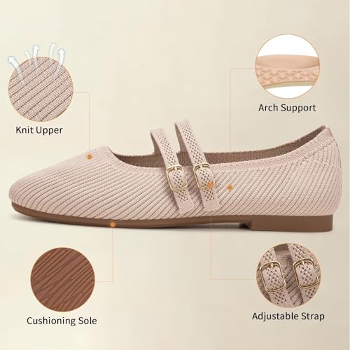 41FU9P0iv1L.jpg Women's Flats Square Toe Mary Jane Shoes Ballet Flats with Strap Comfortable Slip On Knit Shoes Dressy Casual