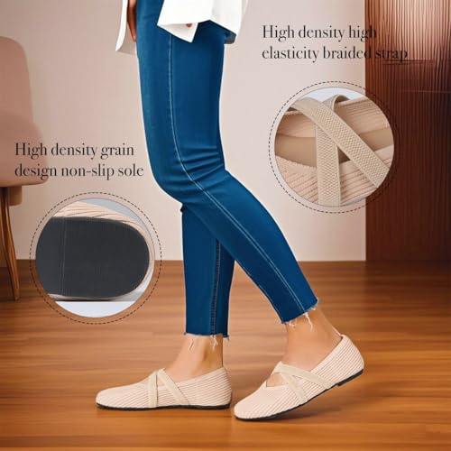 41FvNYbNIDL.jpg Flats for Women Square Toe Ballet Flats Cross Strap Comfortable Arch Support Dressy Knit Flats for Women Mary Jane Flats Slip On