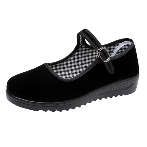Black Velvet Mary Jane Shoes for Women China Dance Flat Old Beijing Cloth Walking Shoes