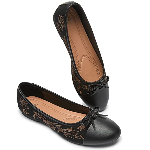 41JZFi1SHCL.jpg Womens Flats Shoes with Pomegranate Embroidery,White Flats with Bow,Comfortable Round-Toe Flats Shoes,Black Dress Shoes for