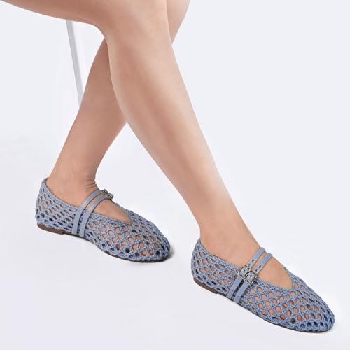 Women's Woven Mary Jane Flats - Mesh Ballet Flats with Adjustable Double Metal Buckle Strap and Round Toe
