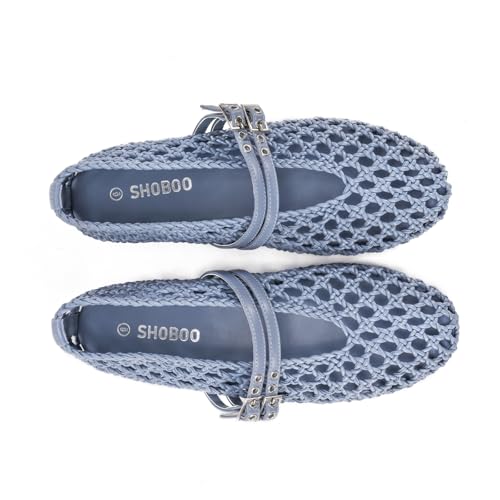 Women's Woven Mary Jane Flats - Mesh Ballet Flats with Adjustable Double Metal Buckle Strap and Round Toe