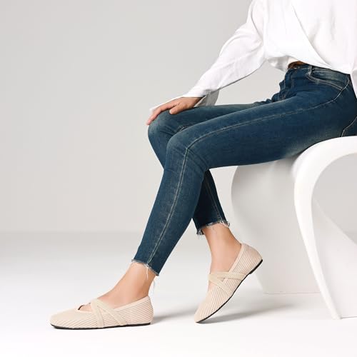 41OR6XpYsiL.jpg Flats for Women Square Toe Ballet Flats Cross Strap Comfortable Arch Support Dressy Knit Flats for Women Mary Jane Flats Slip On