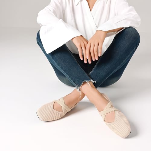 41V8pnPly0L.jpg Flats for Women Square Toe Ballet Flats Cross Strap Comfortable Arch Support Dressy Knit Flats for Women Mary Jane Flats Slip On
