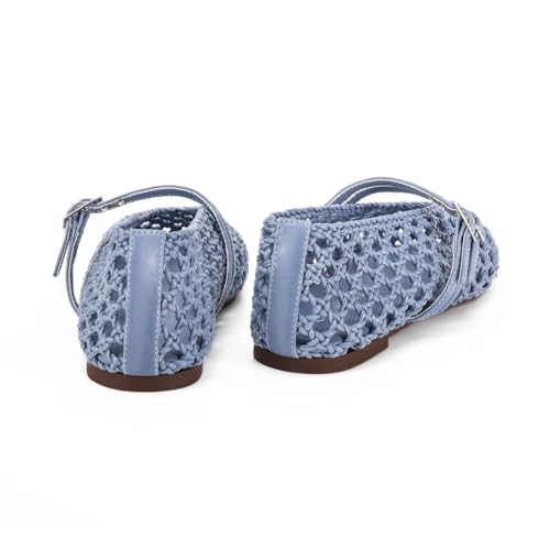 Women's Woven Mary Jane Flats - Mesh Ballet Flats with Adjustable Double Metal Buckle Strap and Round Toe