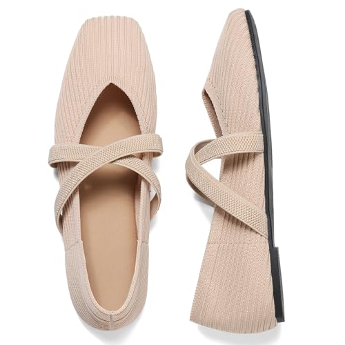 41WbMSHm07L.jpg Flats for Women Square Toe Ballet Flats Cross Strap Comfortable Arch Support Dressy Knit Flats for Women Mary Jane Flats Slip On