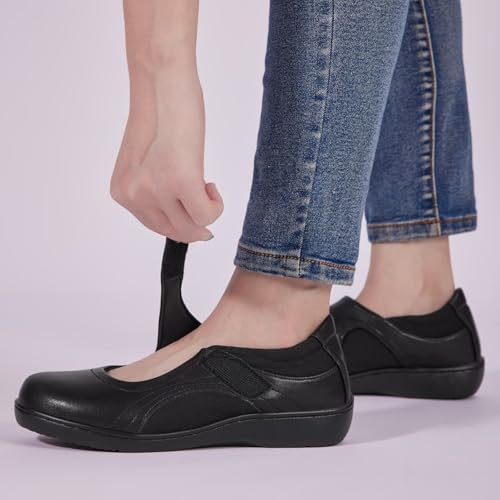 Women's Flat Mary Jane Shoes Black Leather Oxford Shoes for Women - Comfortable Slip-On Leather Loafers