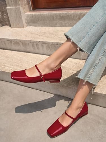 Women's Mary Jane Flats Closed Square Toe Ballet Flat Dressy Comfortable Slip on Shoes