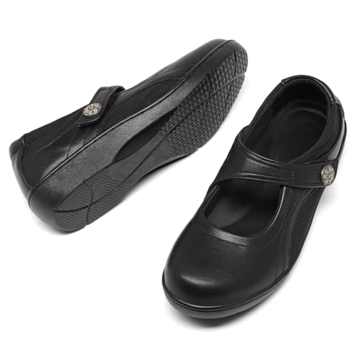 Women's Flat Mary Jane Shoes Black Leather Oxford Shoes for Women - Comfortable Slip-On Leather Loafers