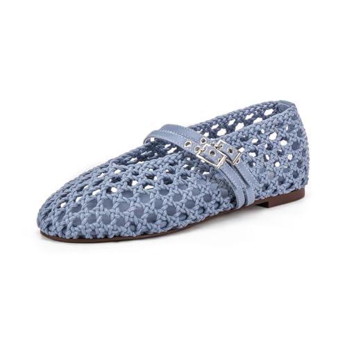 Women's Woven Mary Jane Flats - Mesh Ballet Flats with Adjustable Double Metal Buckle Strap and Round Toe