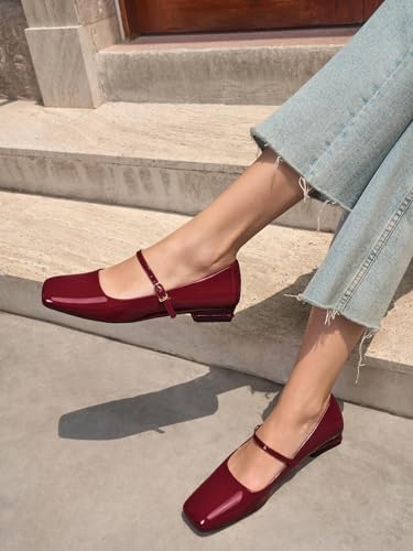 Women's Mary Jane Flats Closed Square Toe Ballet Flat Dressy Comfortable Slip on Shoes