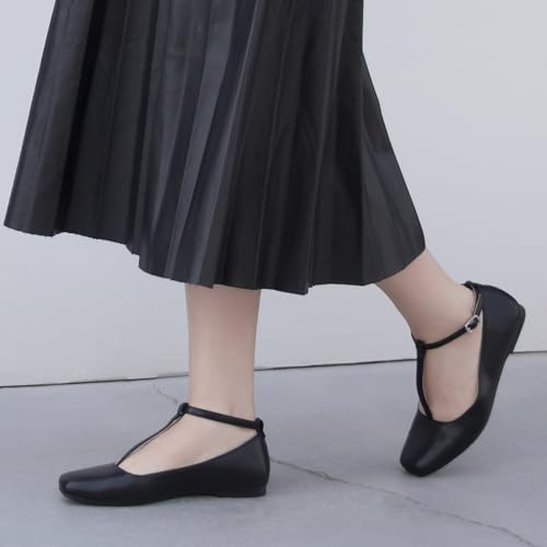 Mary Jane Flats Women Adjustable T Strap Square Toe Ballet Flats Ankle Strap Dress Comfortable Flats for Work,Date Nights