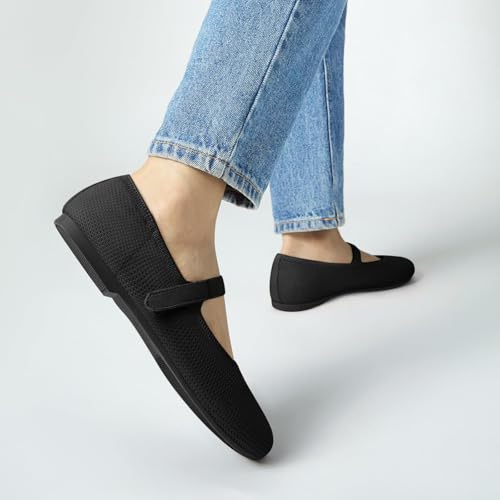 41xpy7q-KyL.jpg Mary Jane Shoes Women Round Toe Knit Ballet Flats Shoes for Women Comfortable Dressy Washable Adjustable Strap for Work Office
