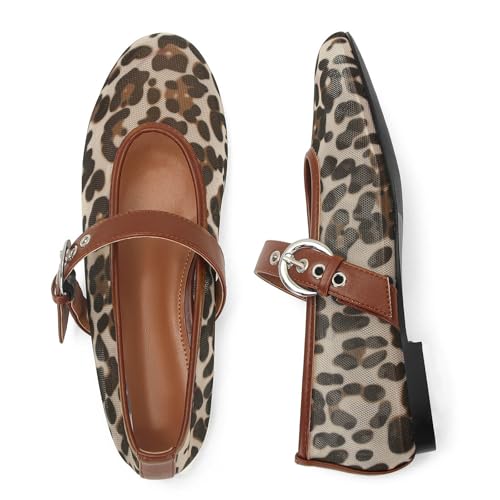Leopard Mesh Ballet Flats for Women Round Toe Mary Jane Buckle Flats Fall Comfortable Casual Dress Shoes