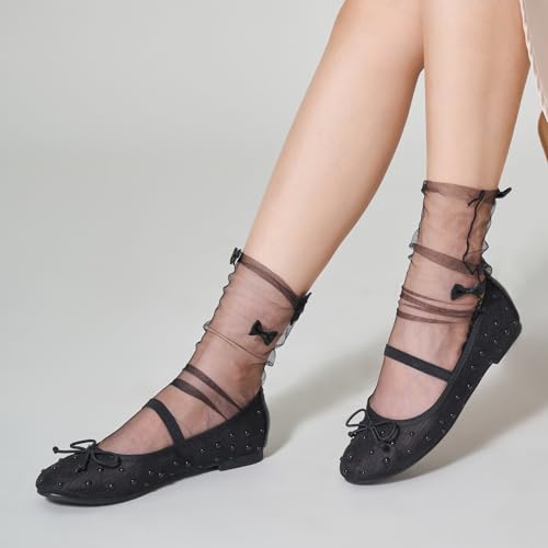 Ballet Flats for Women Closed Round Toe Mary Jane Shoes Women Cute Bowknot Non-Slip Dressy Shoes Elastic Strap Comfortable