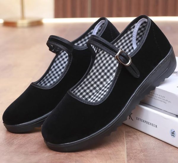 Black Velvet Mary Jane Shoes for Women China Dance Flat Old Beijing Cloth Walking Shoes