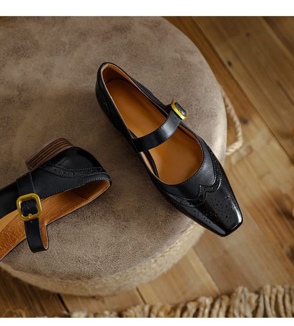 Women's Mary Jane Leather Flats Ballet Dress Shoes Square Toe Slip On Vintage Casual Style